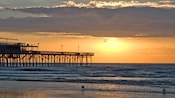 A beach at sunrise featuring a pier, seagulls, ocean waves and clouds in the sky