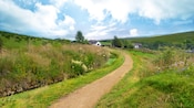 A path with grass on either side leading to a house in the countryside
