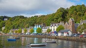 Row houses and trees line a harbor containing several small boats in Inner Hebrides, Scotland