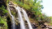 A waterfall flows down a lush hillside