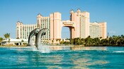 Two dolphins leap from the ocean in synchronicity in front of 2 resort buildings connected by a skyway
