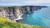 A large body of water beneath a grassy cliff