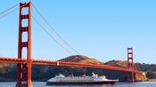 A Disney Cruise Line ship passes under the Golden Gate Bridge