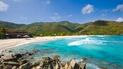 A rocky reef in front of a beach with a grassy hillside