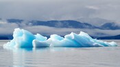 A jagged chunk of glacier ice floating in a bay with mountains shrouded by clouds in the background