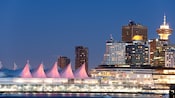 Vancouver Canada's convention center along the waterfront at night