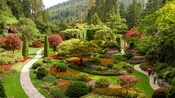 A stone path encircles a garden populated by arranged flowers grass paths and trees