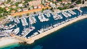 Overhead view of a marina filled with boats of various sizes