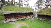 2 wooden buildings with grass roofs sit in a pasture