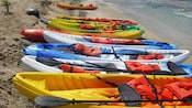 Uma fileira de nove caiaques em uma praia com remos e coletes salva-vidas