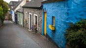 Quaint row houses with flower boxes and high roofs line a narrow street