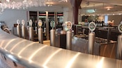 A stainless steel bar with beers available on tap as well as in bottles