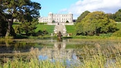 Leaves float on the surface of the River Dargle in front of the steps and lawn of Powerscourt Estate