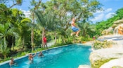 A boy jumps into a pool near a family, a river, trees and a waterfall