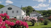 Exterior of Glengoyne Distillery surrounded by greenery and flowers