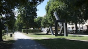 A park with an outdoor modern art structure