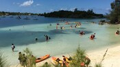 Shoreline filled with Guests wading and paddling in kayaks