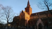 A cathedral surrounded by a few trees next to a small graveyard