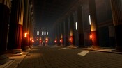 A 3D graphic rendering of a room featuring columns with burning torches, stone floors and a statue