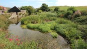 Pastures and lush vegetation surround a pond and small village