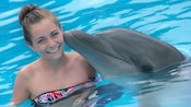 A young girl receives a kiss on the cheek from a dolphin while standing in the water