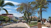 Una amplia vista de un parque y un área comercial con paisajismo, amplios pasillos y turistas paseando