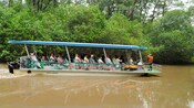 Un grupo de personas pasea en una embarcación con un letrero que dice Eco Jungle Cruises