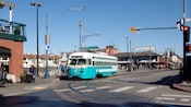A street car making a stop at Fisherman’s Wharf in San Francisco, California