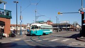 A street car making a stop at Fisherman’s Wharf in San Francisco, California