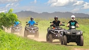 People wearing helmets riding ATVs through a grassy area with mountains in the distance