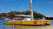 A catamaran sits anchored on a beach while passengers relax in and near the water