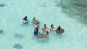 A group of people standing in chest deep water with stingrays in front of them