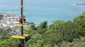 Visitantes con equipo de tirolesa ubicados en una plataforma sobre los árboles y frente al mar