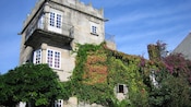 A narrow, square building with a railing on its top floor and vines covering its lower floors