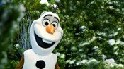 Olaf sonríe frente a árboles cubiertos de nieve en Disney California Adventure Park