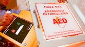 A Cast Member accesses a well-marked automated external defibrillator available in a hotel hallway