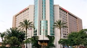 The main entrance to the 14-floor Anaheim Marriott Suites that boasts a modern design