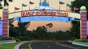 A banner identifies the entrance to Walt Disney World Resort, where dreams come true