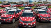 Several polka-dotted SUVs parked along the Disney Springs waterfront