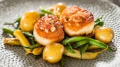 Seared scallops with green beans, butter potatoes, brown butter vinaigrette and smoked bacon