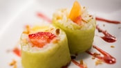A plate with 'Frushi' fruit sushi