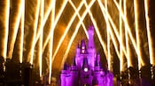 El Cinderella Castle iluminado en color púrpura con fuegos artificiales de fondo