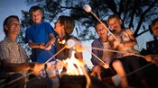 Uma família assando marshmallows ao redor da fogueira