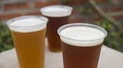 Several cups filled to their foam-topped brims with frosty varieties of beer