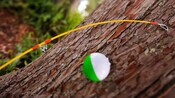 Close-up of a fishing pole with bobber resting on a tree trunk