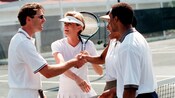 Shaking hands after a doubles match of tennis