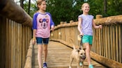 Dos niñas caminan por un puente de madera con un perro pequeño amarrado con una correa