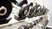 Close-up of free weights on stacked racks