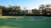 Un panier de basketball dans un grand terrain clôturé vert