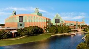 View of the Walt Disney World Swan Resort and the surrounding lakeside grounds
